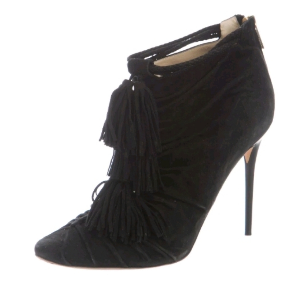 Jimmy Choo Myra Black Suede Stiletto Tassle Ruched Booties Pumps Heels 6 36
